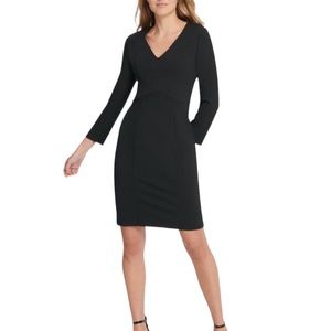 DKNY Long Sleeve Black V Neck Above the Knee Sheath Dress